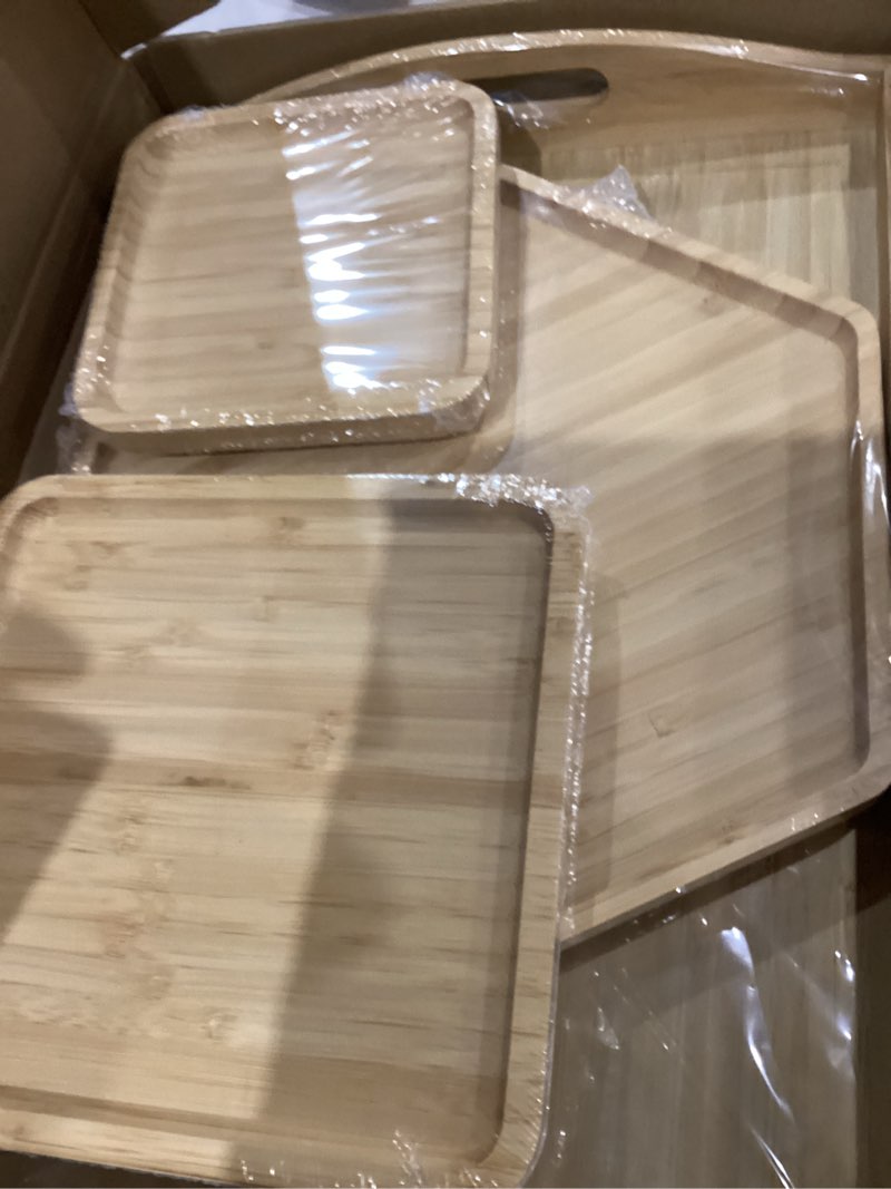 Condition photo showing New/Like New for Bamboo Serving Trays Charcuterie Platter 16.5"x11.8"?42x30cm with Handle, Set Includes 1xHexagon 12.5"(32cm)+1xSquare 7.8"(20cm)+1xSquare 5.9"(15cm) Small Plates for Family Dinner 1hexagon+2square