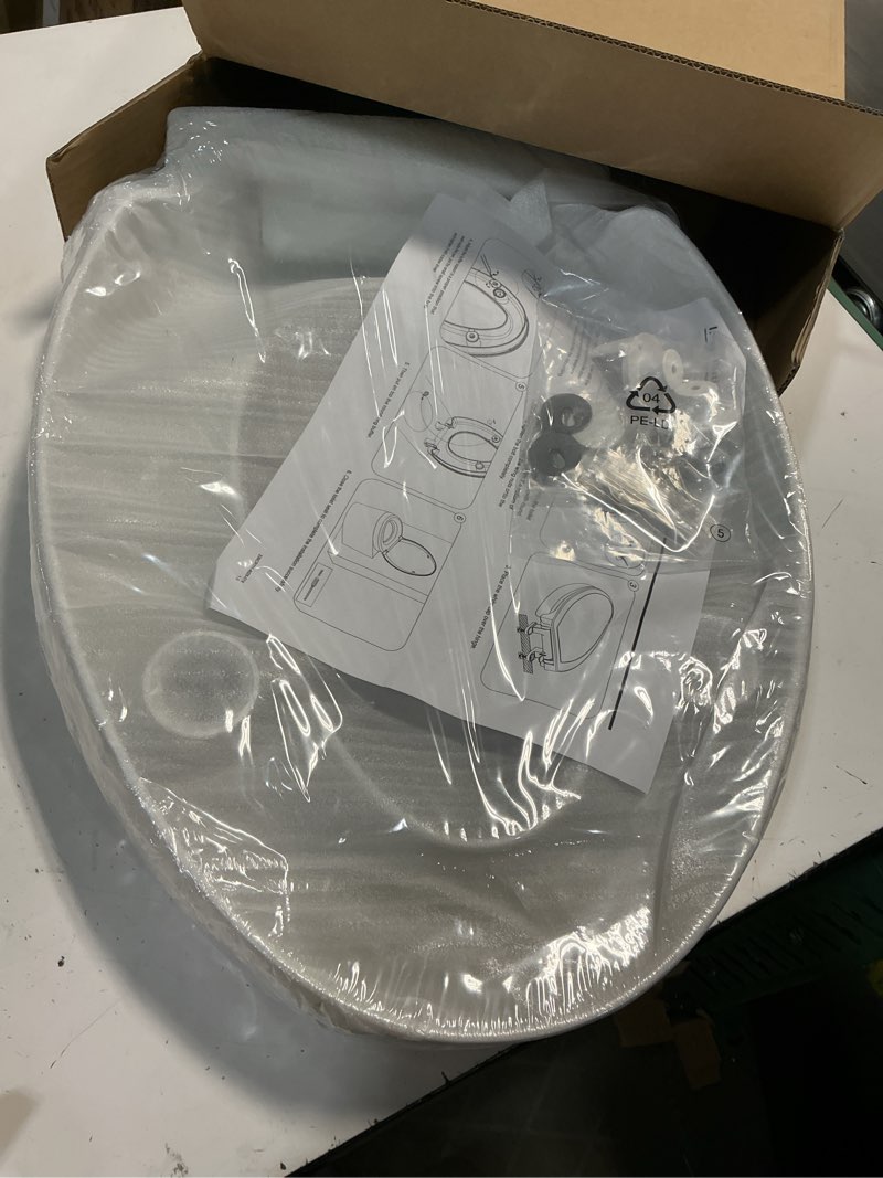 Condition photo showing New/Like New for raised toilet seat 3 inch for standard elongated toilets 18–19 inch bowl length, not compatible with round or one-piece toilets, slow-close lid, non-slip stable design, 772 lb capacity