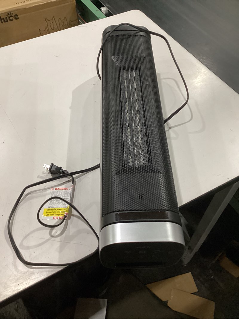 Condition photo showing Good Condition for portable space heater, 1500w ceramic heating fan with thermostat, remote control, 3 heating modes, 70° oscillation, ideal for office, home, and bedroom use