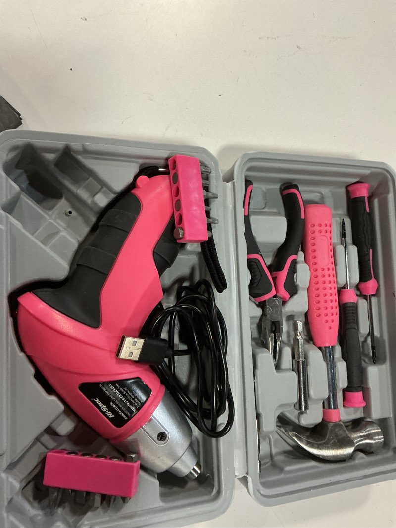 Condition photo showing As Is for hi-spec cordless electric screwdriver, power screw driver set with pink compact tool kit for small repair and maintenance- ideal housewarming gift,19 piece light pink