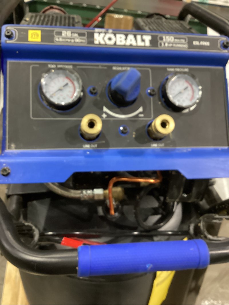 Condition photo showing As Is for kobalt quiet tech 26-gallon portable electric 150 psi vertical air compressor