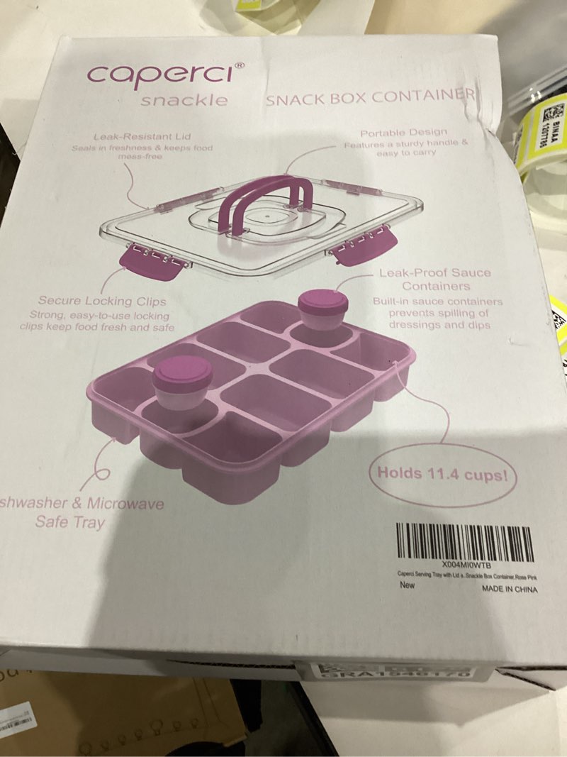 Condition photo showing New/Like New for caperci original snackle box container - 10-compartment divided snack serving tray with lid & handle, 2 dressing containers, leak-proof, dishwasher safe, bpa-free (rose pink)