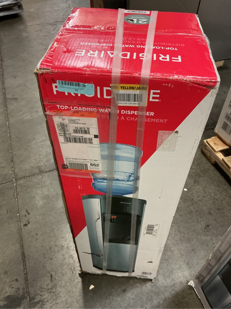 Condition photo showing As Is for Frigidaire Water Cooler Dispenser, Top Load Water Cooler for Home, Garage, Dorm, RV & Cottage, Hot & Cold Water Dispenser for 3 and 5 Gallon Bottles, Stainless Steel TOP-LOAD