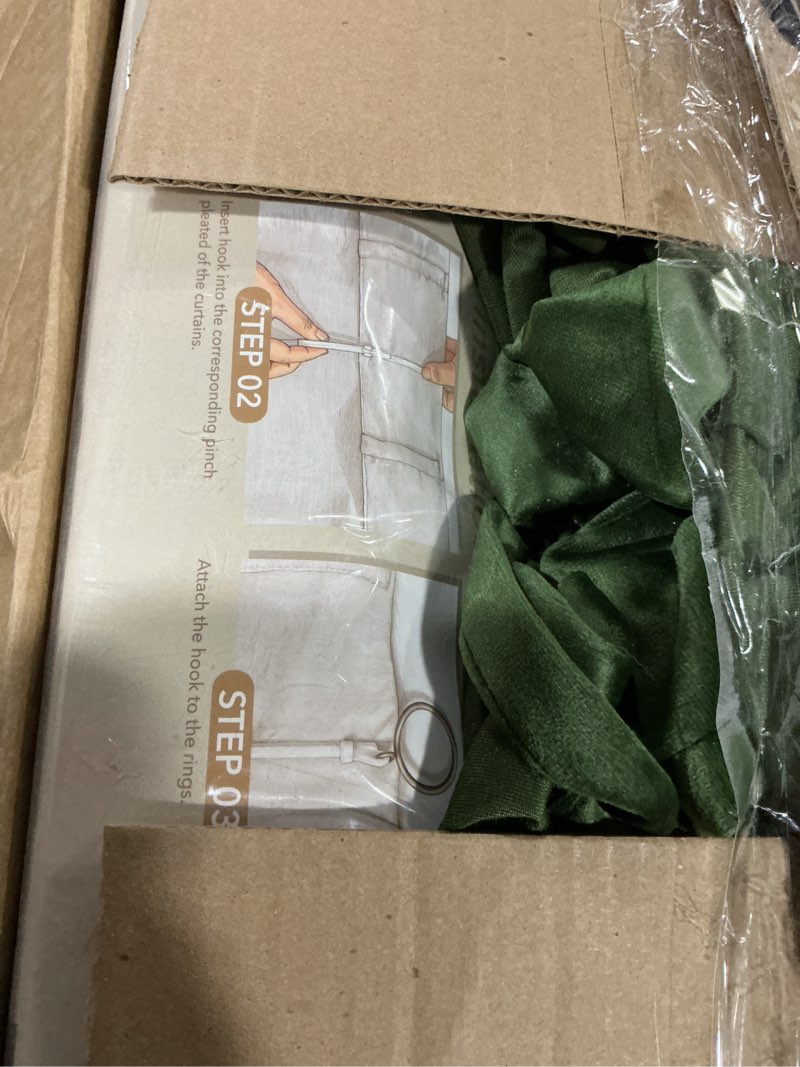 Condition photo showing Good Condition for Olive Green Pleated Velvet Curtains 120 inches Long 2 Panels Set Thermal Insulated Triple Pinch Pleat Blackout Velvet Drapes Room Darkening Thick Luxury Modern Minimalism Forest Green Christmas Decor Olive Green 40"W x 120"L (Pack of 2)