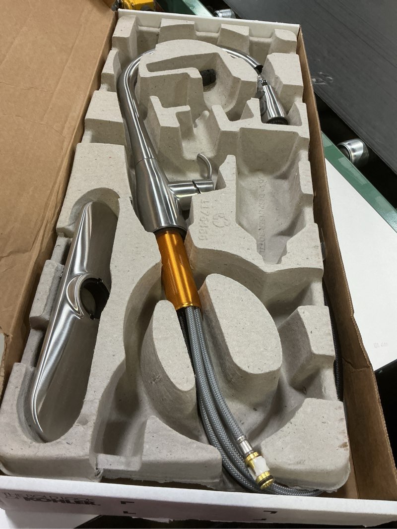 Condition photo showing Good Condition for KOHLER 596-VS Simplice Kitchen Sink Faucets with Pull Down Sprayer, 3-Spray Design, Vibrant Stainless Kitchen Faucets, High Arch Vibrant Stainless High Arch