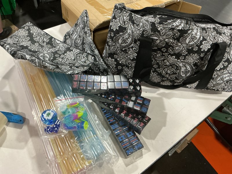 Condition photo showing Good Condition for american mahjong game set, 166 black tiles (1.2”), 4 all-in-one color rack/pushers & drawstring bag, complete mahjong set with black carrying bag and mahjong tiles set accessories