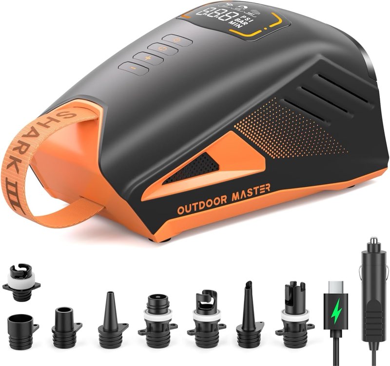 outdoormaster shark 3 paddle board pump electric 74wh- 3'50" fast inflation | 74wh rechargeable sup air pump, one charge for 4 sups,12v/15.8v dc input, digital display, 20psi, auto-off, 8 nozzles