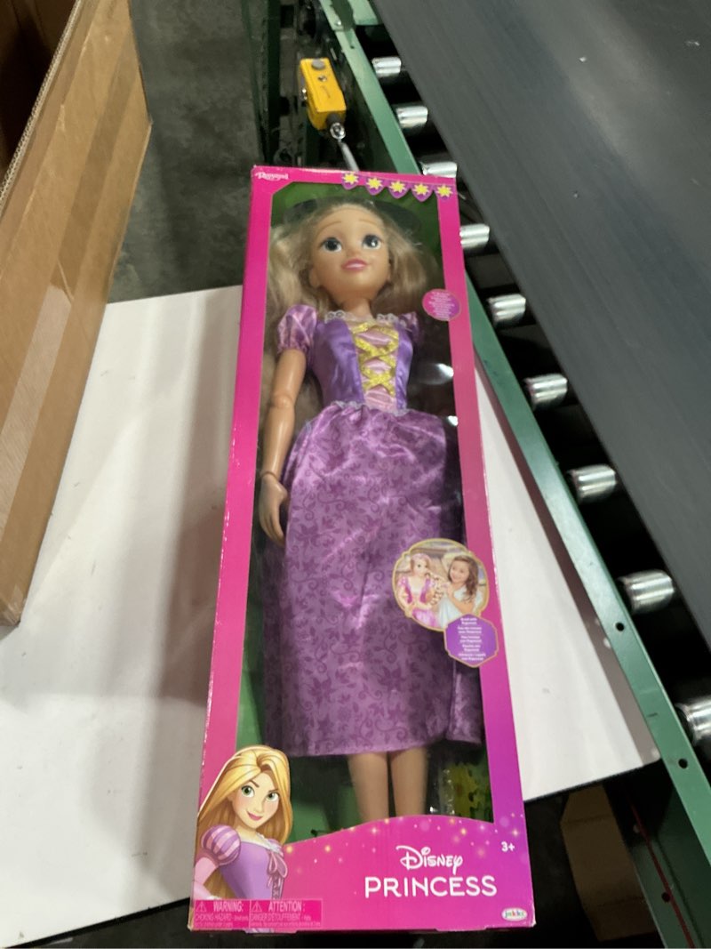 Condition photo showing New/Like New for Disney Princess Rapunzel Doll Playdate 32” Tall & Poseable, My Size Articulated Doll in Purple Dress, Comes with Brush to Comb Her Long Golden Hair, Flower Garland Hairband & Hair Pins