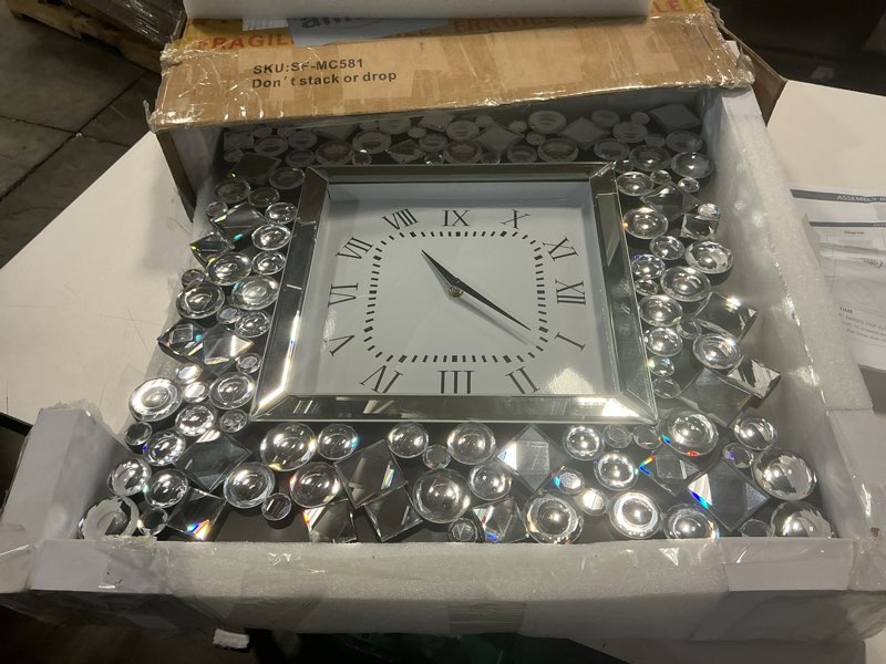 Condition photo showing Good Condition for Acme Kachina Square Wall Clock with Faux Gems Inlay Frame in Mirrored