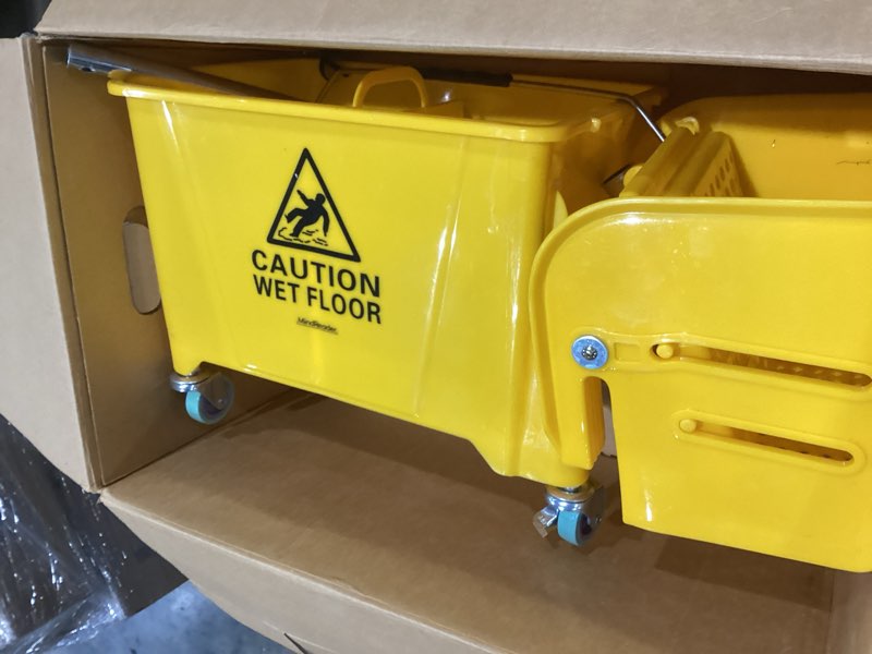 Condition photo showing Good Condition for mind reader mop bucket with wringer (mop not included), 5.5 gallon cleaning bucket with wheels and handle, upward press wringer, small mop compatible, yellow mop bucket only yellow