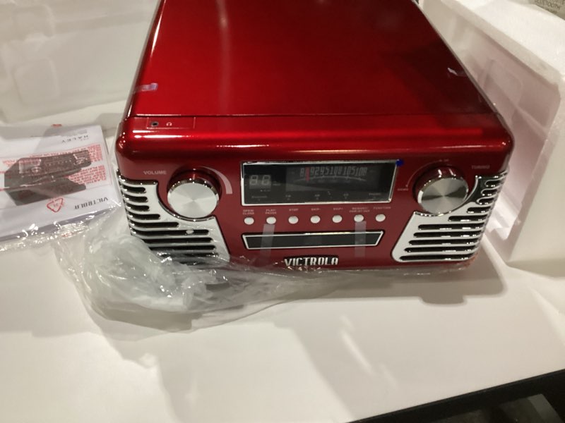 Condition photo showing New/Like New for Victrola Haley Retro Bluetooth Record Player & Multimedia Center with Built-in Speakers - 3-Speed Turntable, CD Player, AM/FM Radio, 3.5mm Aux-In, Wireless Music Streaming, Red Red Record Player, NOT TESTED