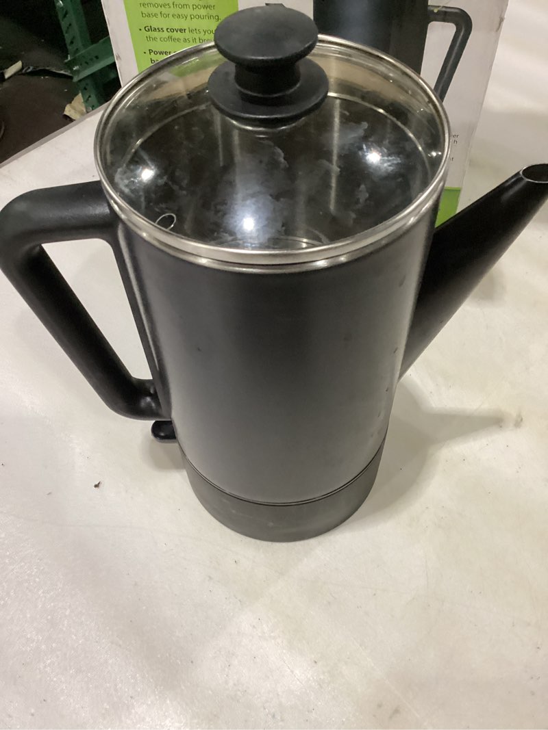 Condition photo showing As Is for Presto 02815 12-Cup Cordless Coffee Percolator - Stainless Steel, Modern Design, Easy Pour Spout, Stay-Cool Handle, Matte-Black Black Cordless 12-Cups