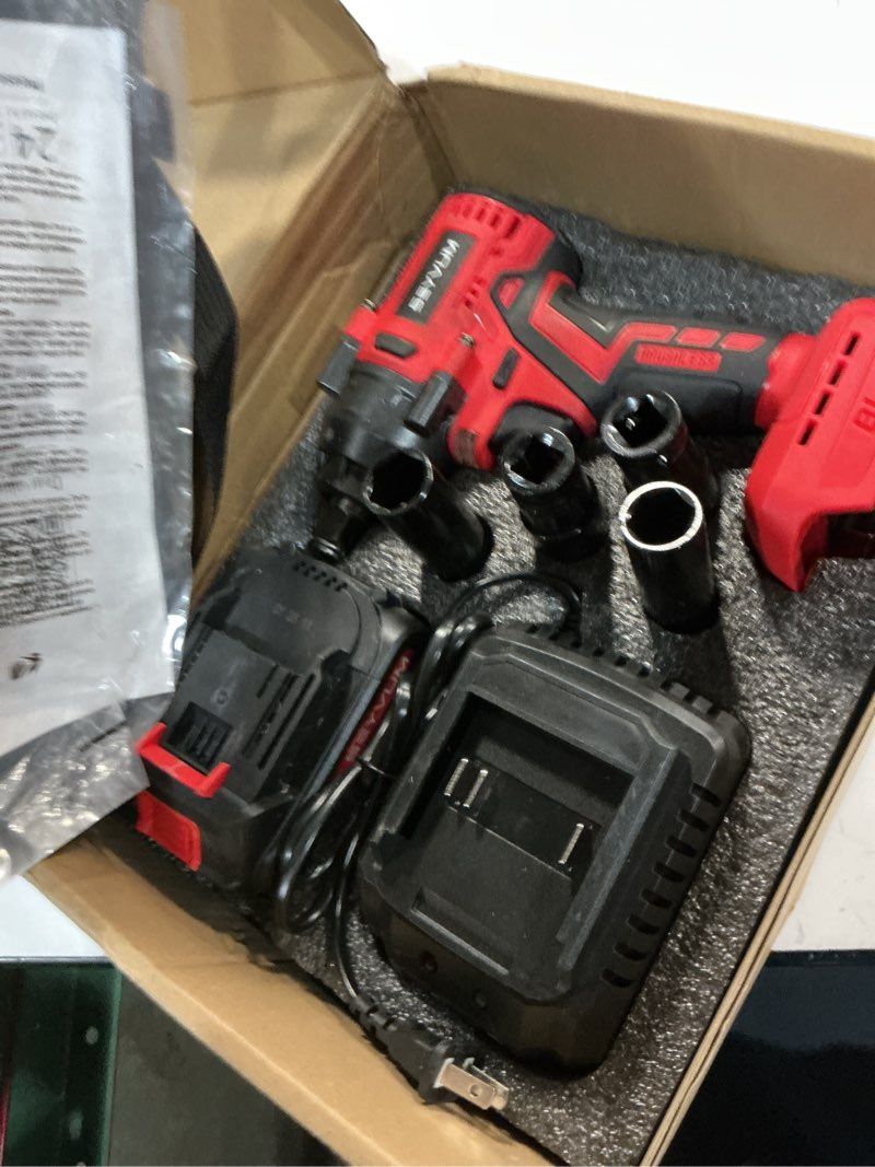 Condition photo showing Good Condition for seyvum impact wrench,1/2" impact gun, power impact driver max torque 320 ft-lbs (430n.m), cordless impact wrench with 20v brushless motor, 4.0ah li-ion battery with fast charger, 4 pcs impact sockets 430 n.m
