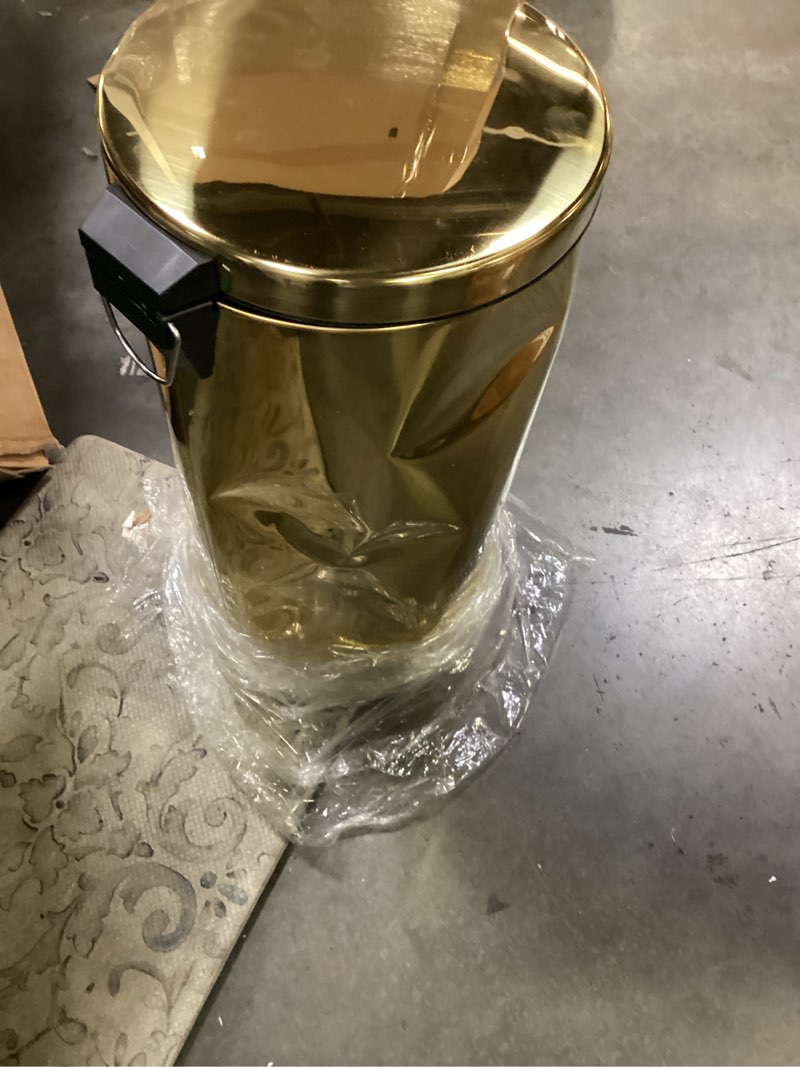 Condition photo showing As Is for reallnaive 30l/8gal gold step trash can with 100 garbage bags metallic gold brass lidded step kitchen garbage bin with lid commercial compact waste basket for shopping centers, elevator doors, hotels gold and black 8 gal 1