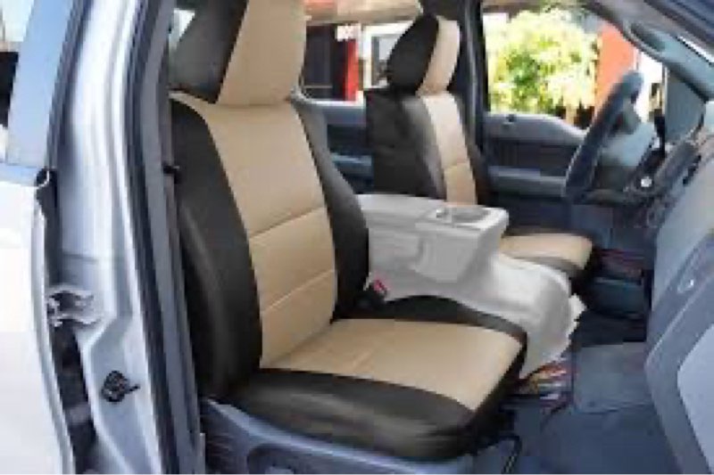 Iggee for 2004-2008 Ford F-150 Built in Seatbelt Type Artificial Leather Custom Exact fit 2 Front seat Covers (Black/Beige)