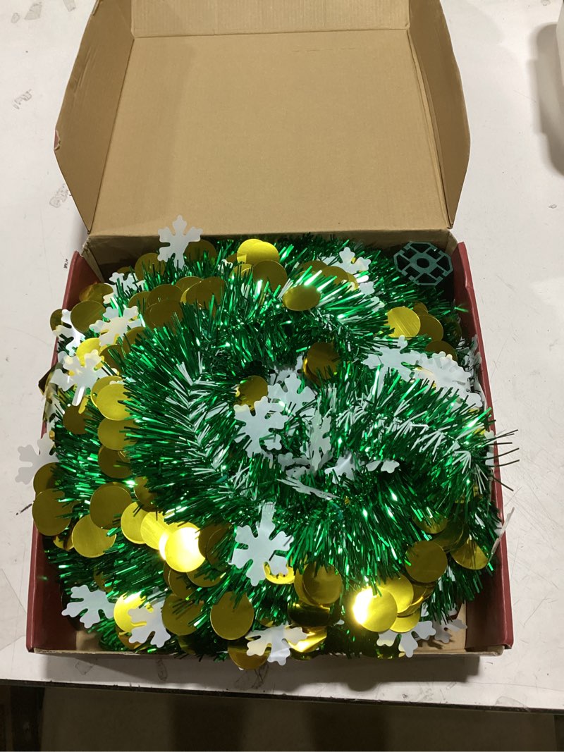 Condition photo showing Good Condition for 6 ft pop up christmas tree, artificial green christmas tinsel tree with shiny silver snowflake and gold sequins, star topper, collapsible xmas pencil tree for home, office, holiday party decor