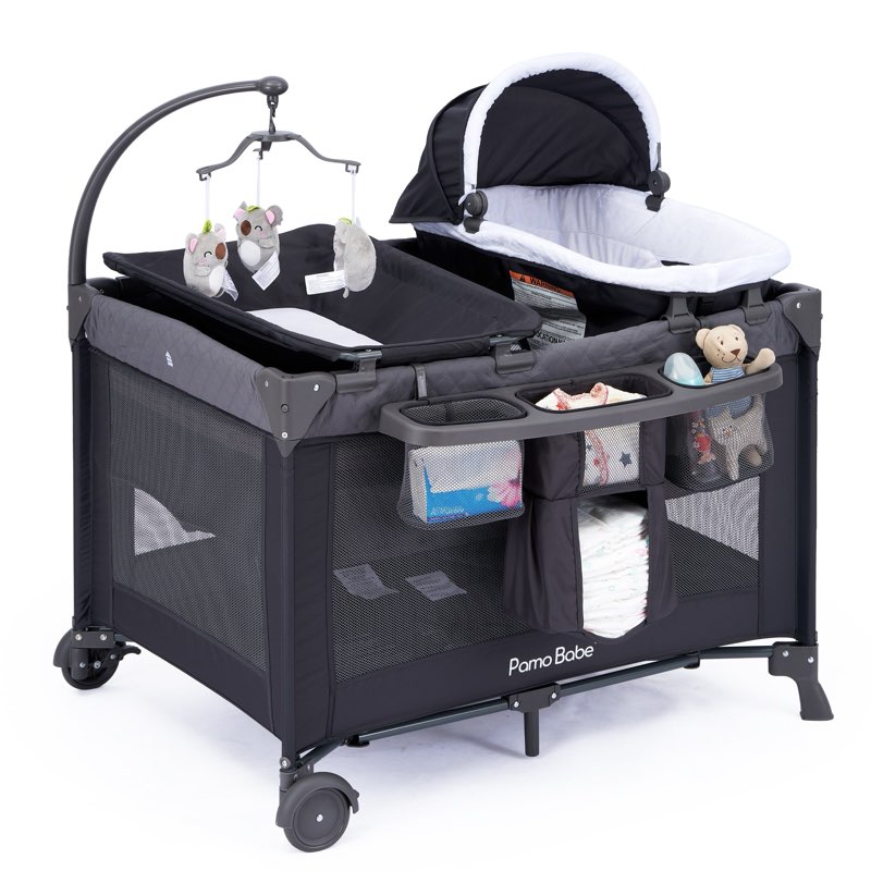 pamo babe unisex nursery center playard with bassinet & changing table, grey