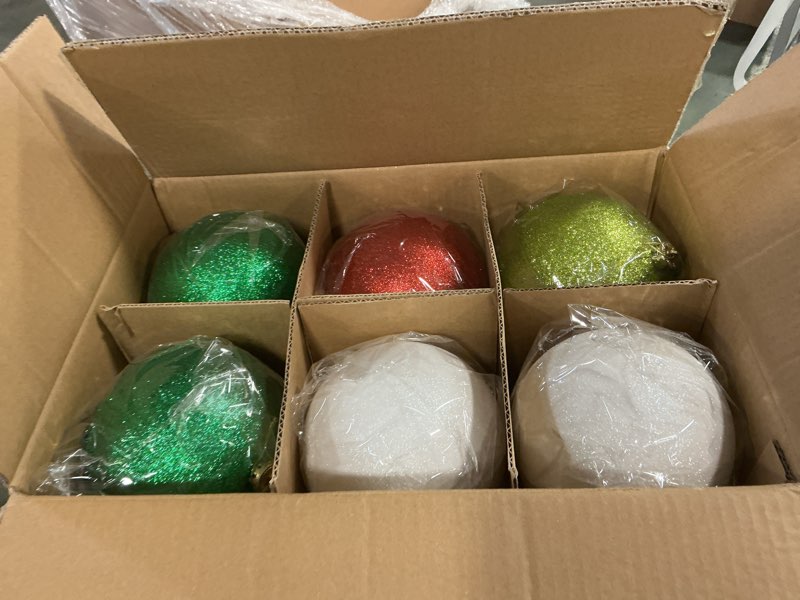 Condition photo showing New/Like New for Poen 12 Pcs 6 Inch Large Christmas Ball Ornaments Glitter Extra Large Christmas Ornaments Giant Xmas Balls Tree Decorations with Hanging Loop for Xmas Holiday Party Decor (green red white 12