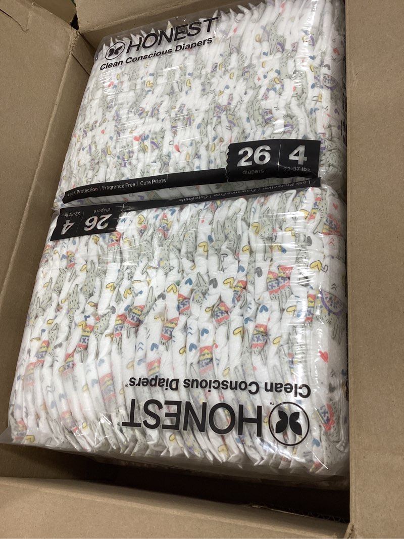 Condition photo showing New/Like New for The Honest Company Clean Conscious Diapers for Delicate Skin | Up to 100% Leakproof | Hypoallergenic, Fragrance Free | Gender Neutral | Super Club Box, Size 4 (22-37 lbs), 104 Count (Prints May Vary) Size 4 (104 Count) Donut Grow Up + Cactus Cuties