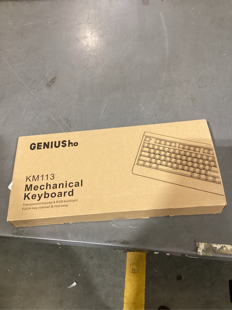 Condition photo showing New/Like New for 104-key full-size gaming mechanical keyboard, transparent keycap rgb backlight, salt ice switches, hot-swappable feet, no conflict in all keys, supports usb-c/bluetooth/wireless 2.4g