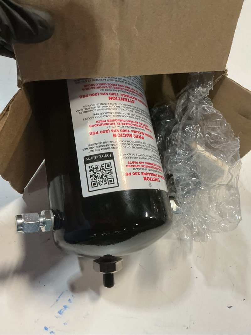 Condition photo showing As Is for sure shot a1002 1-quart non aerosol sprayer - refillable pressurized sprayer can for oil, solvent, degreasers, lubricants - rechargeable steel canister with adjustable nozzles - made in the usa - 32oz