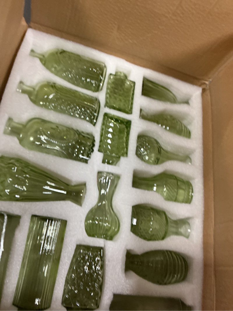 Condition photo showing Good Condition for glass bud vases in bulk set of 40, green small mini vases for flowers, vintage vase for centepiece,wedding, table decor, baby shower, christmas, home and events green 40