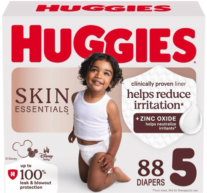 huggies skin essentials luxury diapers - size 5 - 88ct: hypoallergenic, latex-free, leak guards, tear away sides, 27+ lbs