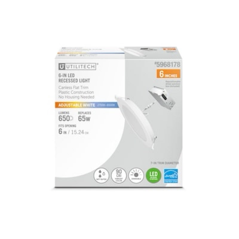 utilitech white 6-in 650 -lumens switchable white round dimmable led canless wet rated