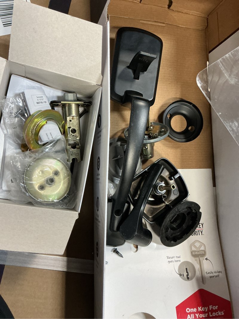 Condition photo showing As Is for henley matte black single cylinder door handleset with round lever featuring smartkey security
