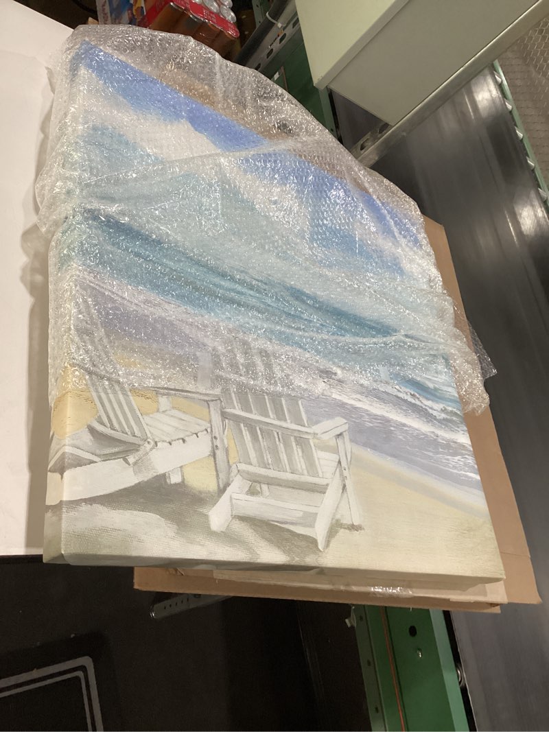 Condition photo showing Good Condition for The Stupell Home Décor Collection White Adirondack Chairs on The Beach Painting Stretched Canvas Wall Art, 24 x 24, Multi-Color