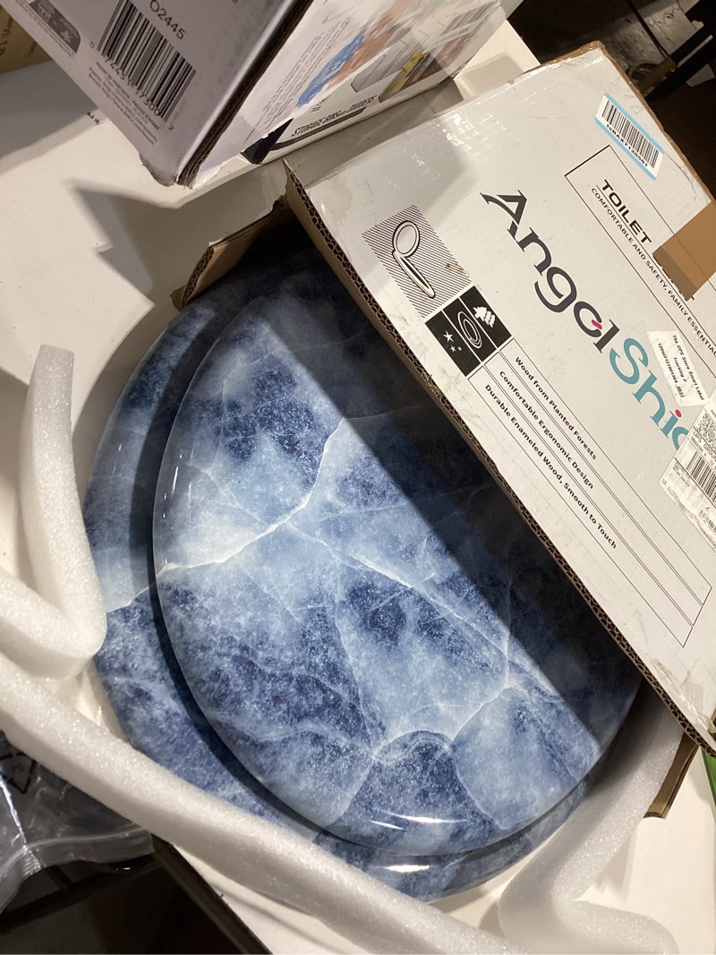 Condition photo showing Good Condition for angol shiold round toilet seat molded wood toilet seat with quietly close and quick release hinges, easy to install also easy to clean (round, blue marble) blue marble round-16.5“