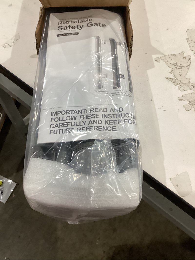 Condition photo showing New/Like New for upgrade 120 inch retractable baby gates, ezigo extra wide baby gate for large opening extra long mesh gate for kids or pet dog gate child safety gate for stairs hallways doorway indoor outdoor, gray gray 34'' x 120''