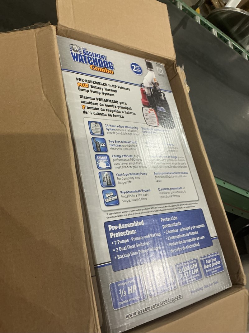 Condition photo showing As Is for the basement watchdog combo model cite-33 1/3 hp primary and battery backup sump pump system with 24 hour a day monitoring controller