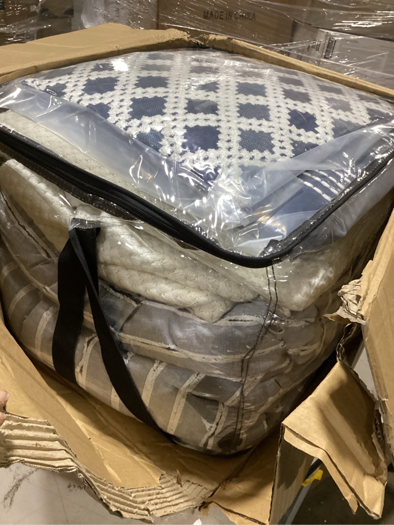 Condition photo showing Good Condition for madison park farmhouse king cotton comforter set with removable cover, 9pc | clipped jacquard stripes with buttons bedding set, boho, oversized, easy care, breathable, cozy, all season, ultra soft blue king