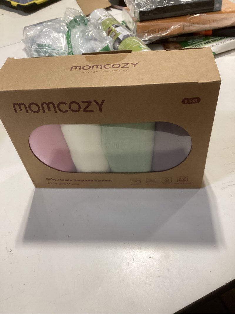 Condition photo showing New/Like New for momcozy muslin swaddle blankets, 4-pack breathable and skin-friendly receiving blankets, swaddle blanket shower gifts & baby registry essentials, large 47"x47", soft pastels