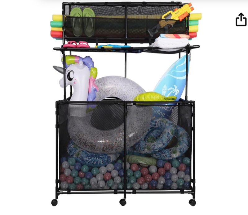 740 Gallon Pool Storage - for Outdoor, Pool & Patio, Holds Noodles, Goggles, Floats & Balls, with Mesh Pockets, Noodle Holder, Towel Drying Function & Rolling Wheels, 2 Sizes (Large)