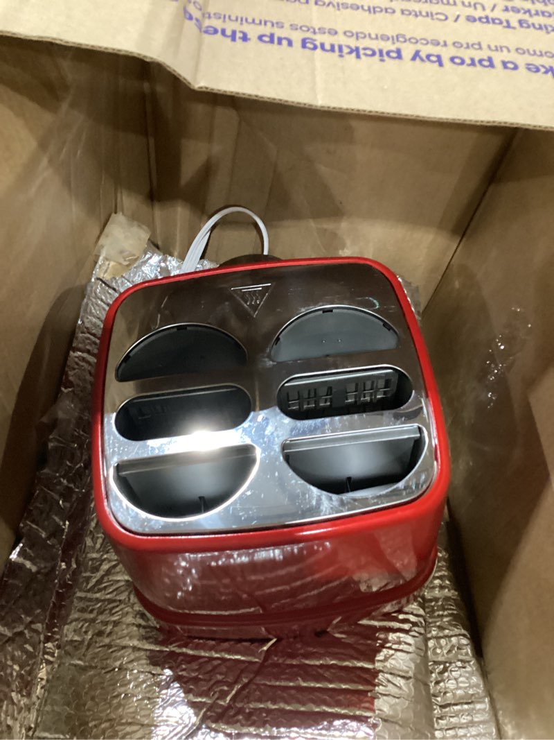 Condition photo showing As Is for not tested nostalgia 4 slot hot dog and bun toaster with mini tongs, hot dog toaster works with chicken, turkey, veggie links, sausages and brats, metallic red red 4 slot