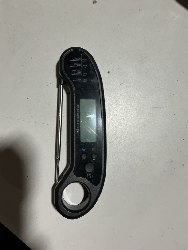 Condition photo showing As Is for meat thermometer digital, instant read meat thermometeri for grill and cooking, waterproof food thermometer for kitchen and outside, bbq, turkey, candy, liquids, beef