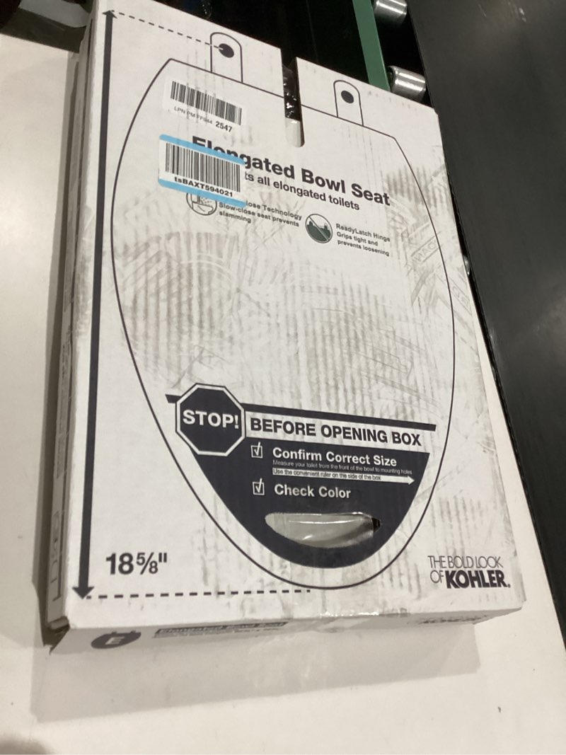 Condition photo showing New/Like New for KOHLER 4636-RL-0 Cachet ReadyLatch Elongated Toilet Seat Slow Close, Soft Close Toilet Seat Quiet Lid, Contoured Grip-Tight Bumpers Installation Hardware, Apartment Essentials, White White Elongated Ready Latch