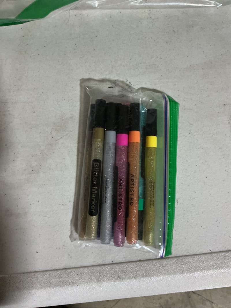 Condition photo showing As Is for artistro 12 glitter paint pens sparkly and shiny for rock painting, stone, ceramic, glass, wood, fabric, scrapbooking, diy craft making, coloring, acrylic glitter markers extra-fine tip 0.7mm