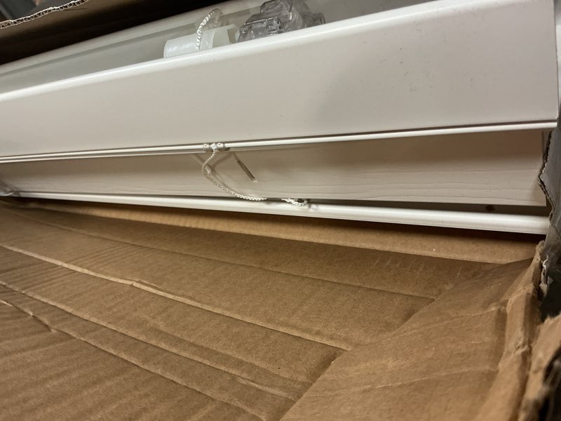 Condition photo showing As Is for better homes & gardens 2" cordless faux wood horizontal blinds, white, 58" w x 64" l