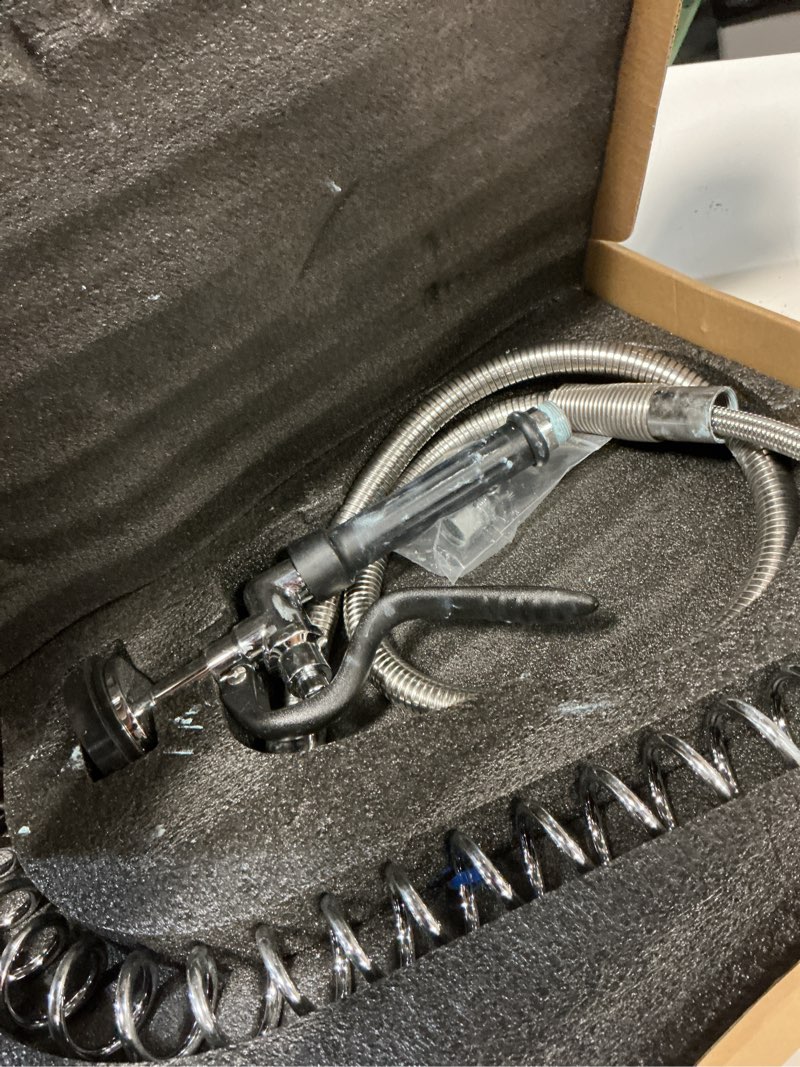 Condition photo showing As Is for 45” stainless-steel pre rinse hose with sprayer valve & spring, 1.42 gpm commercial sink sprayer hose with nozzle head replacement kit for commercial restaurant kitchen faucet