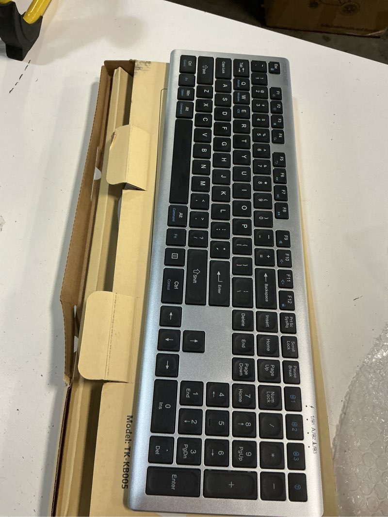 Condition photo showing Good Condition for tecknet bluetooth keyboard rechargeable, 4-device free switching (2.4g+bt), ultra-slim full size wireless keyboard, quiet typing, for pc/laptop/smart tv/phone, adjustable stand, 12 multimedia keys silver&grey