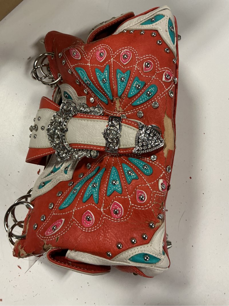 Condition photo showing As Is for orange and turquoise studded accented western style satchel handbag