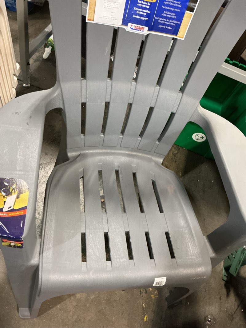 Condition photo showing As Is for adams patio stackable charcoal plastic frame stationary adirondack chair with slat seat