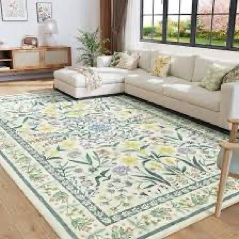 Amearea 8x10 Area Rugs for Living Room, Washable Area Rugs 8 x 10 Green Floral Rug, Vintage Low Pile