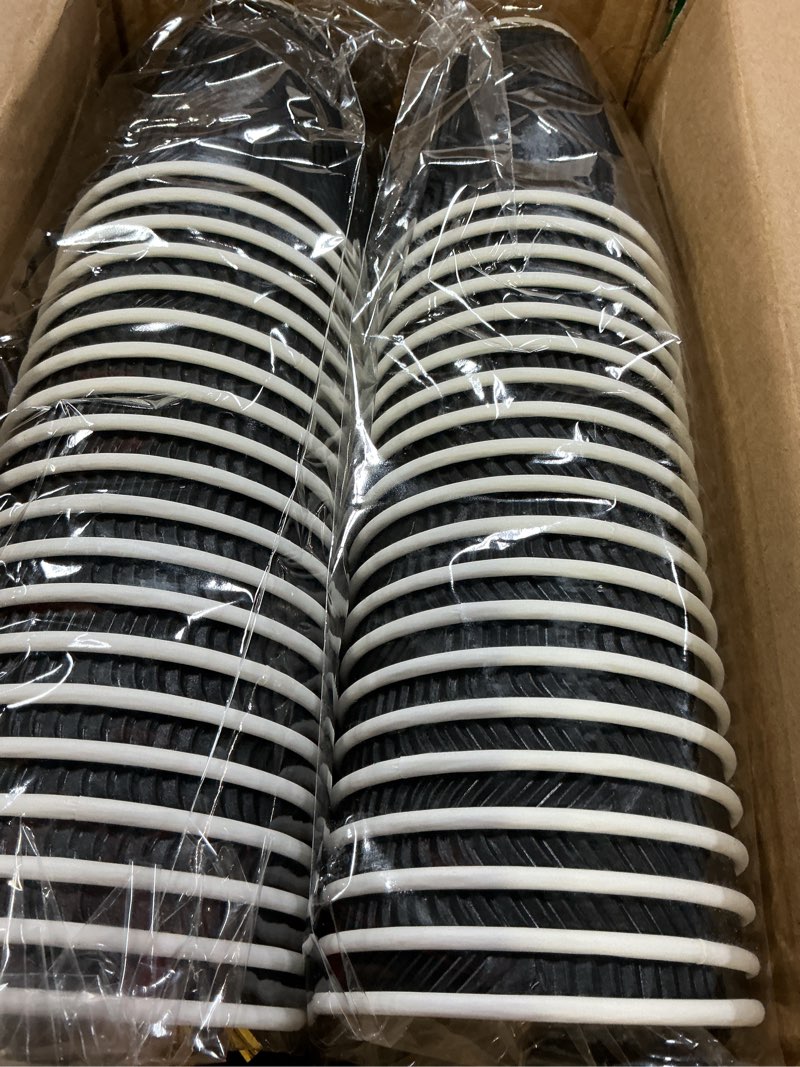 Condition photo showing New/Like New for lamosi 12 oz disposable coffee cups - 120 pack, insulated corrugated paper cups 12 oz, kraft ripple wall cups for hot beverage or cold drinks office/home/party/travel/cafe (black) 12 oz-120 black
