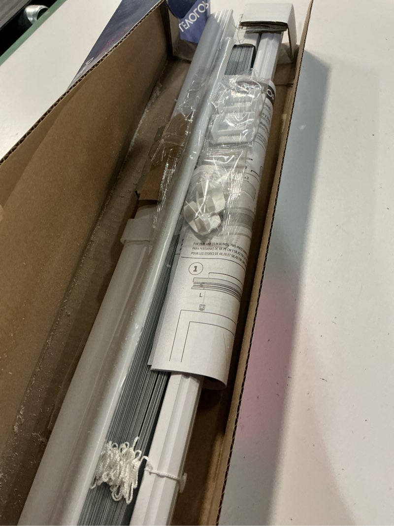 Condition photo showing As Is for levolor trim+go 1-in slat width 27-in x 72-in cordless white aluminum room darkening mini-blinds