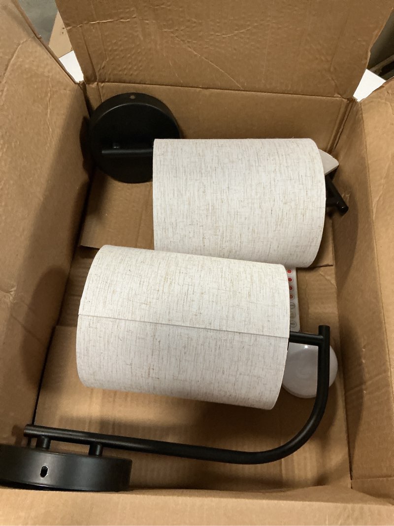 Condition photo showing As Is for Battery Operated Wall Sconce Set of 2, Black Rechargeable Wireless Wall Light Fixture with Remote, 12 RGB Colors & Timer, Indoor Dimmable Wall Lamp with Linen Shade Black / Linen