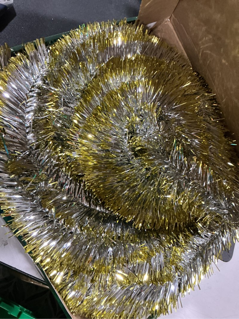 Condition photo showing Good Condition for 5 ft pop up christmas tree with timer lights and decorations, silver tinsel artificial christmas tree with 24 balls ornaments, collapsible pencil tree for xmas home office party decor silver - gold edges 5ft